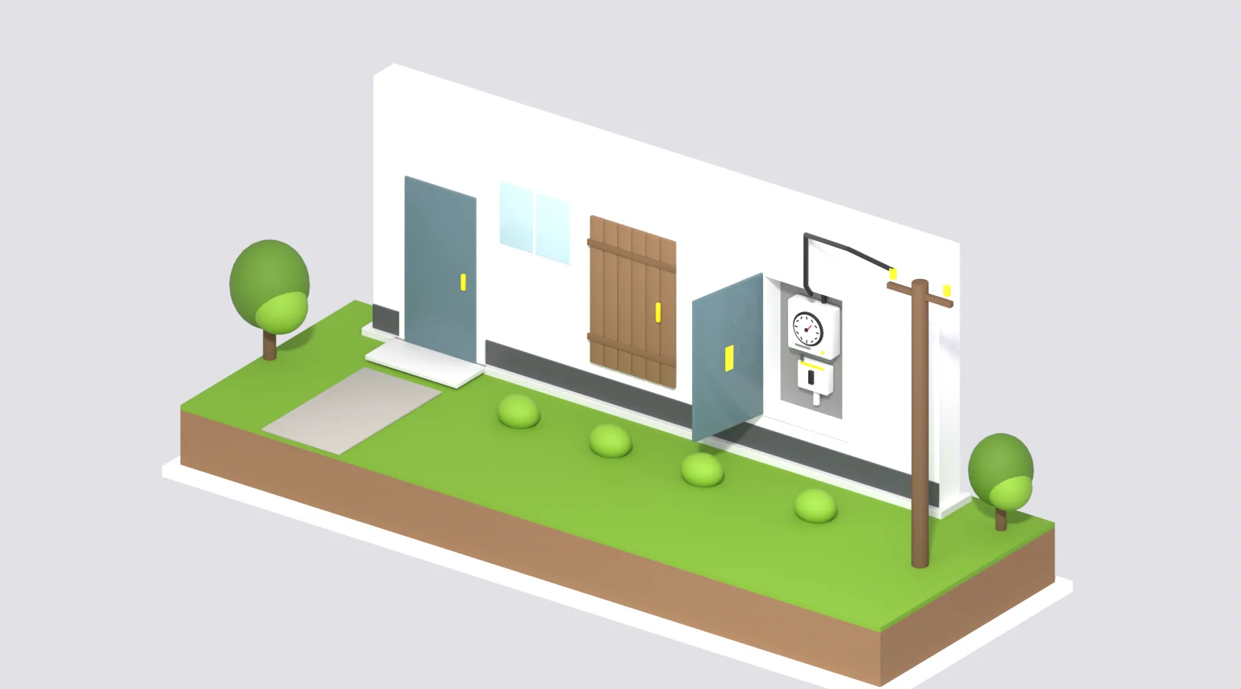 Façade de maison avec deux niches : à droite le compteur électrique à cadran rond et le disjoncteur général dans la niche ouverte, à gauche une niche habillée d'un cache en bois, avec le câble d'arrivée du réseau depuis le poteau.
