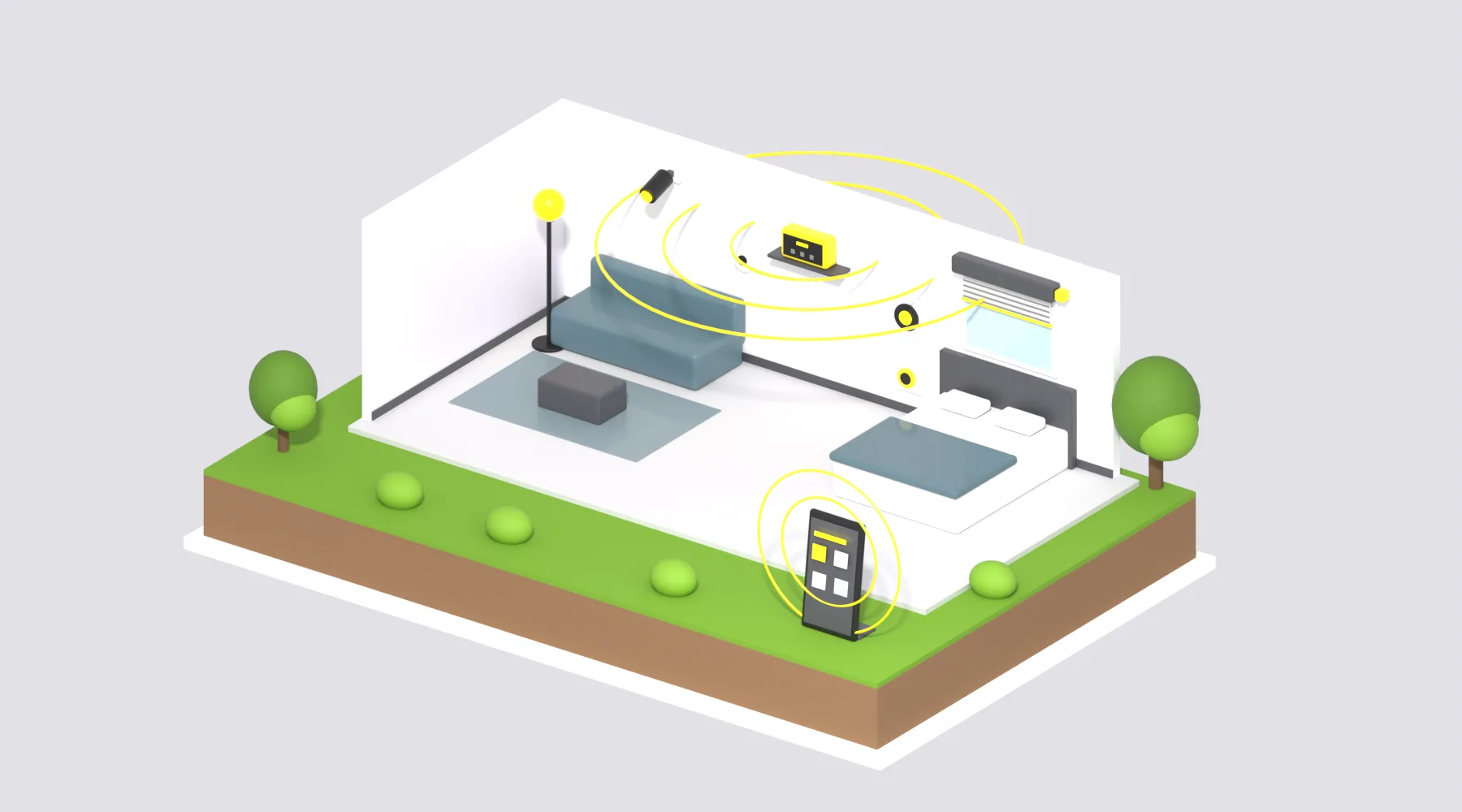 Maison en coupe avec salon et chambre : box domotique jaune au centre, thermostat, capteur, ampoule connectée, volet roulant motorisé, prise connectée, caméra, et smartphone au premier plan.