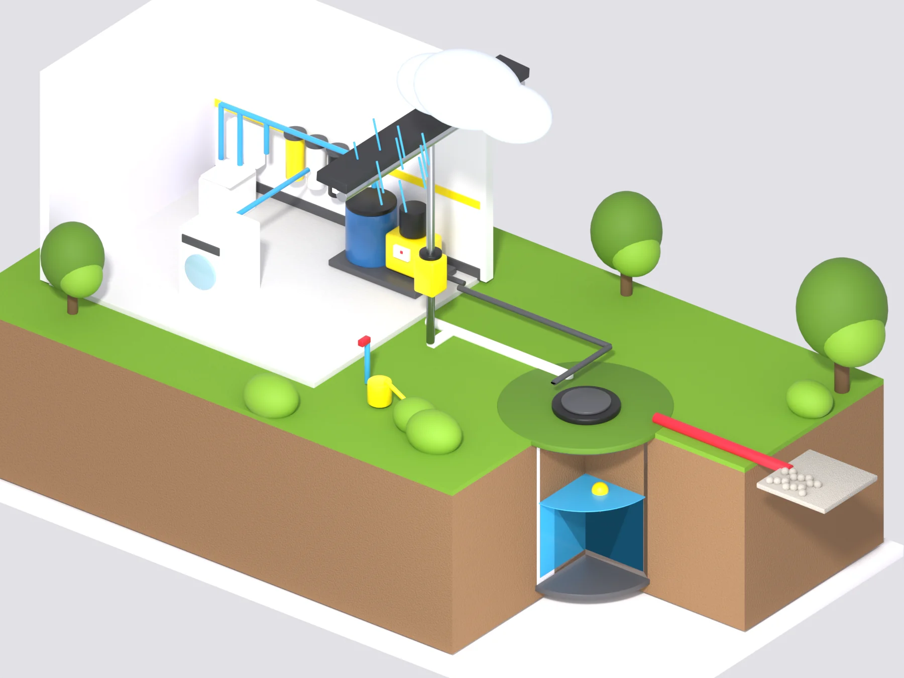 Installation de récupération d'eau de pluie en coupe : gouttière, collecteur filtrant, cuve enterrée avec flotteur, pompe, kit de filtration, WC et lave-linge, trop-plein vers un drain.