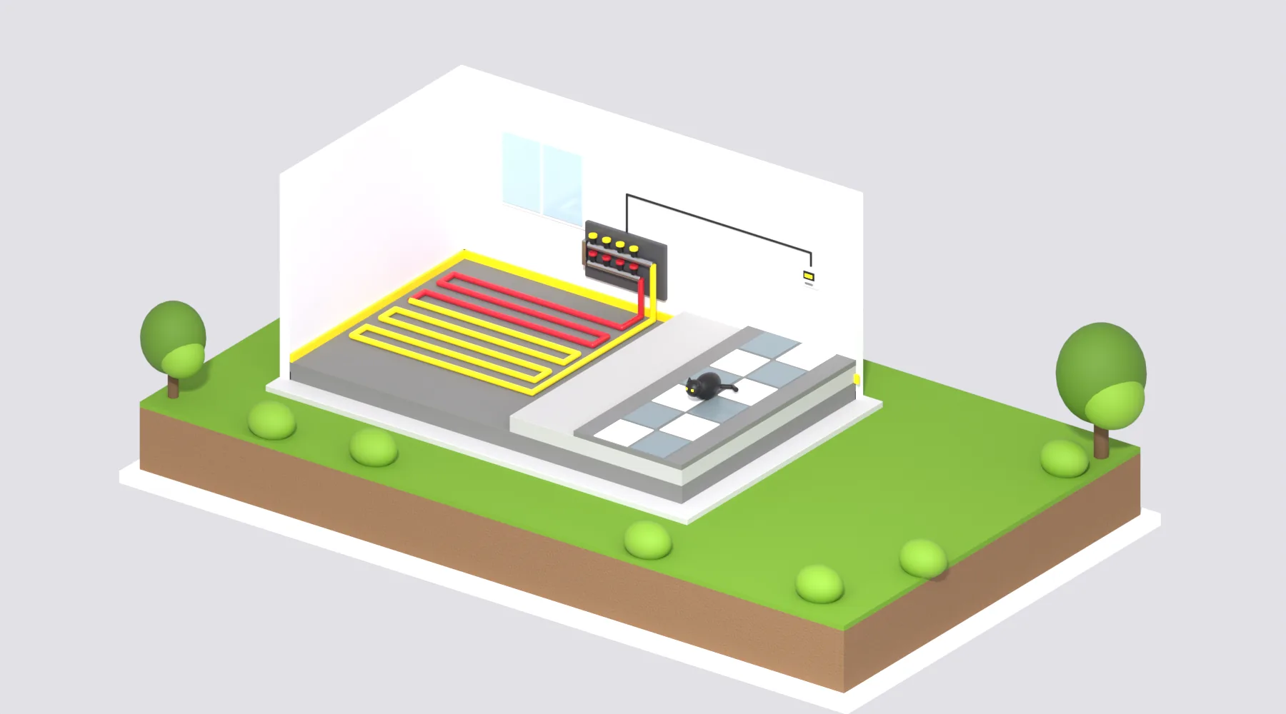 Pièce en coupe montrant les couches d'un plancher chauffant : isolant gris, serpentin de tuyaux rouges et jaunes, chape et carrelage, avec collecteur, thermostat mural et chat sur le carrelage.