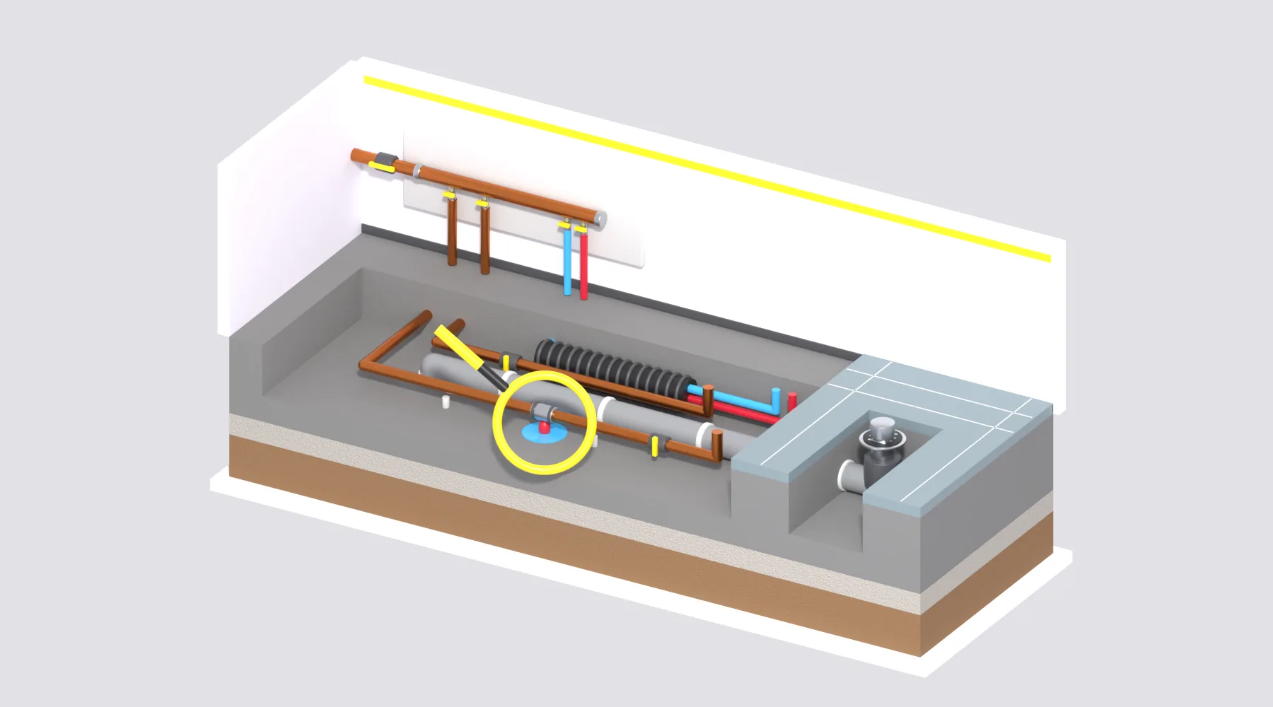 Coupe d'une dalle béton posée sur un hérisson de cailloux : tranchée ouverte avec canalisations en cuivre, gaine annelée noire abritant du multicouche bleu et rouge, évacuation PVC grise, collecteur de distribution jaune au mur, sol de salle de bain carrelé avec siphon, et une fuite repérée à la loupe sur un raccord de cuivre.