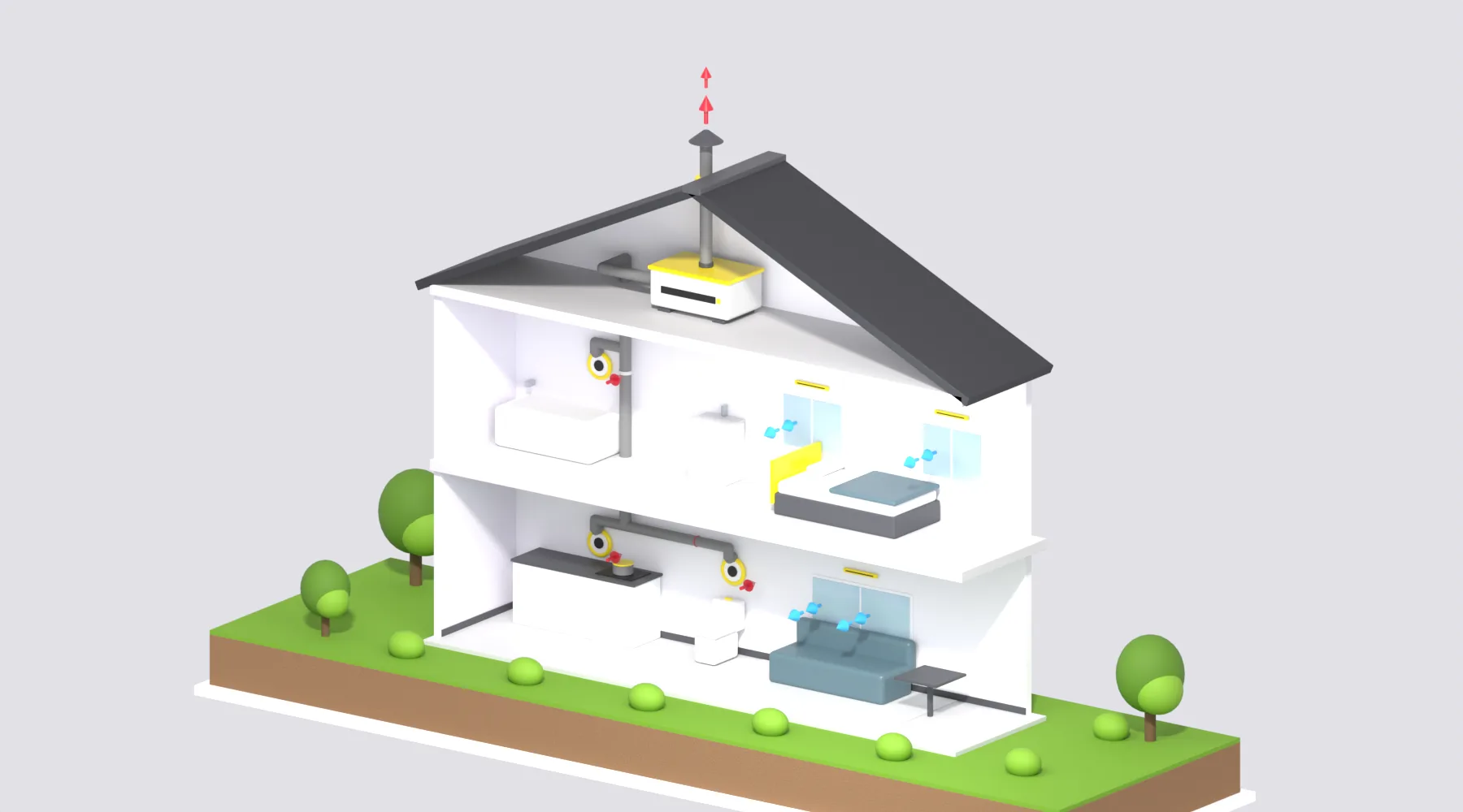 Maison en coupe sur deux niveaux avec ventilation mécanique contrôlée : caisson jaune et gris dans les combles, gaines rondes grises, bouches d'extraction de la cuisine, de la salle de bain et des WC, entrées d'air sur les fenêtres et rejet en toiture, avec flèches bleues pour l'air frais et rouges pour l'air extrait.